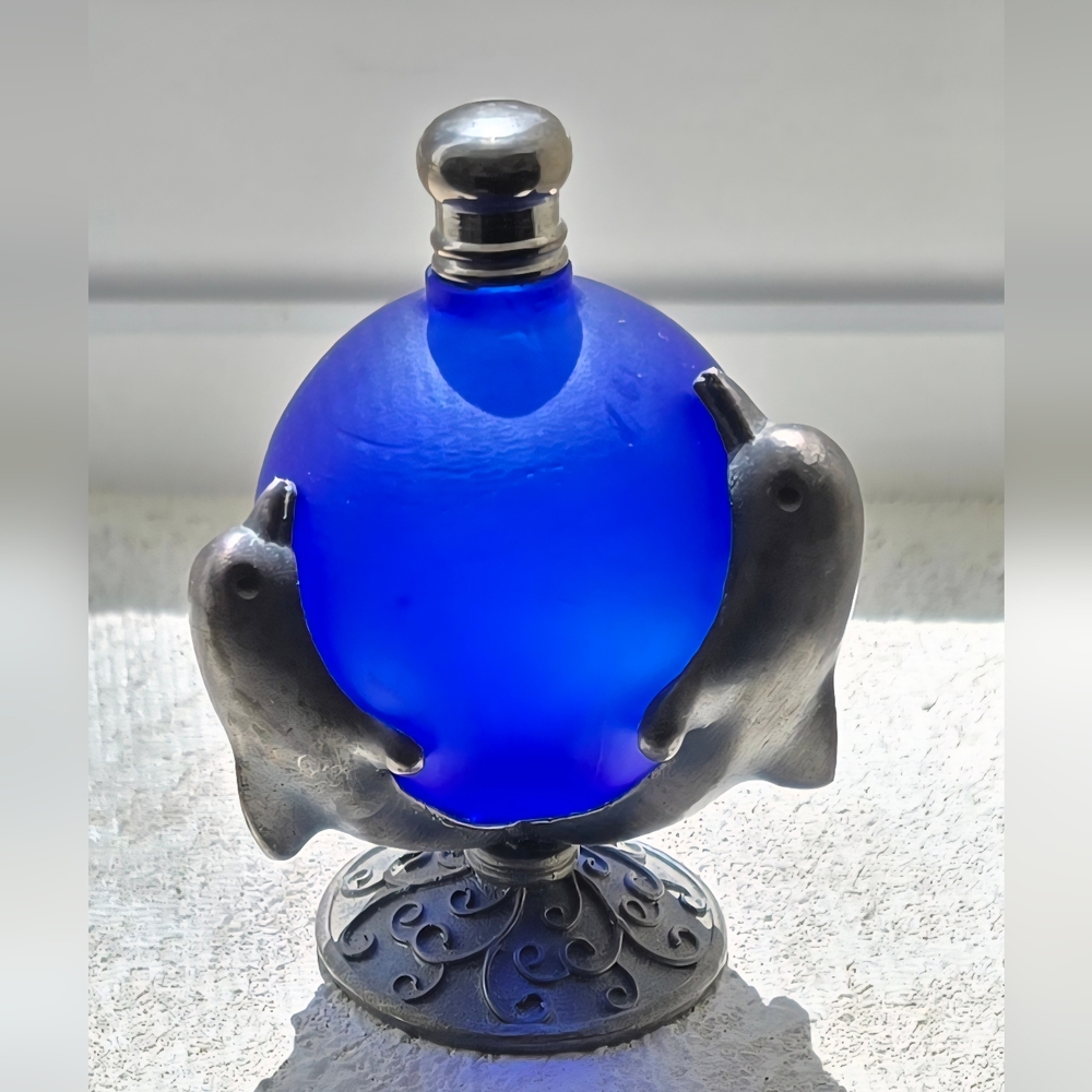 Vintage Bristol Blue Glass Perfume Bottle with Dolphin Stand